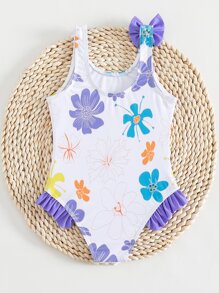 Toddler Girls 1pc Floral Print Bow Front Ruffle Trim One Piece Swimsuit - White - View 2