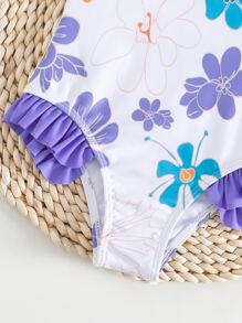 Toddler Girls 1pc Floral Print Bow Front Ruffle Trim One Piece Swimsuit - White - View 5