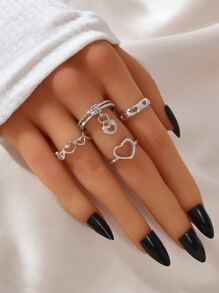 4pcs Stylish Silver Plated Hollow Out Heart Shaped Ring Set For Women - Silver - View 1