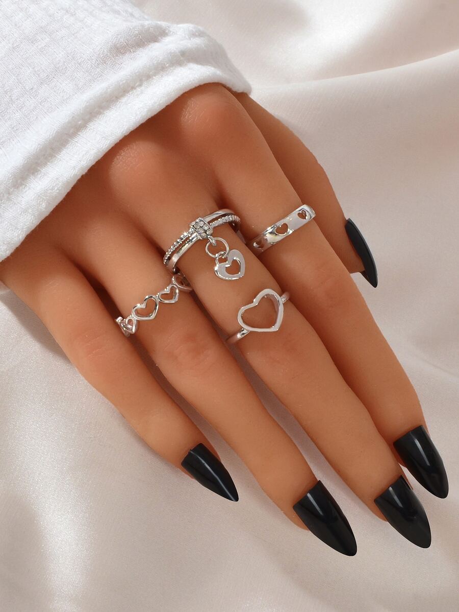 4pcs Stylish Silver Plated Hollow Out Heart Shaped Ring Set For Women - Silver - View 1