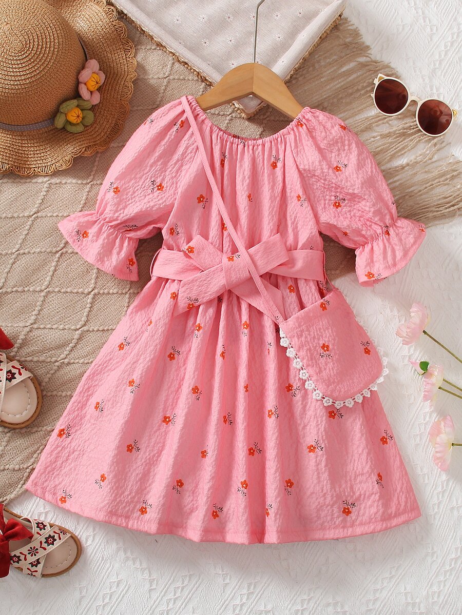 小女童碎花荷葉袖繫腰帶洋裝附包