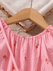 小女童碎花荷葉袖繫腰帶洋裝附包