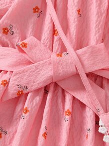 小女童碎花荷葉袖繫腰帶洋裝附包