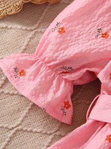 小女童碎花荷葉袖繫腰帶洋裝附包