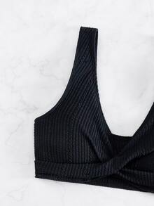 Conjunto de bikini de canalé liso con falda de playa para verano - Negro - Ver 3