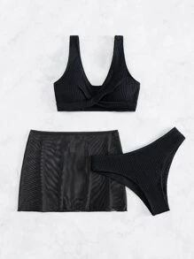 Conjunto de bikini de canalé liso con falda de playa para verano - Negro - Ver 5