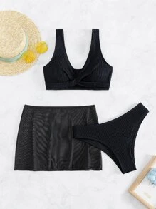 Conjunto de bikini de canalé liso con falda de playa para verano - Negro - Ver 7