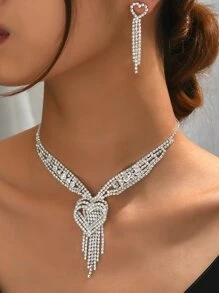 Rhinestone Heart Decor Necklace & Drop Earrings - Silver - View 1