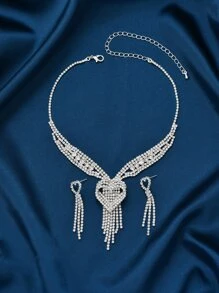 Rhinestone Heart Decor Necklace & Drop Earrings - Silver - View 2