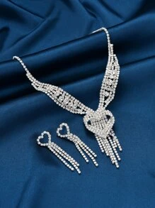 Rhinestone Heart Decor Necklace & Drop Earrings - Silver - View 3