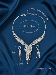 Rhinestone Heart Decor Necklace & Drop Earrings - Silver - View 4