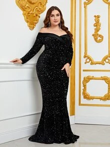Đầm Plus Size ghép mộng kim sa Dây kéo màu trơn Buổi tiệc - màu đen - Xem 3