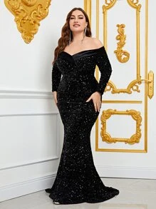 Đầm Plus Size ghép mộng kim sa Dây kéo màu trơn Buổi tiệc - màu đen - Xem 5