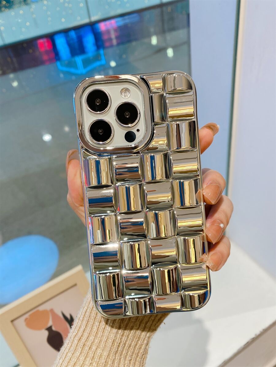 格紋壓花TPR聚氨酯電鍍手機殼 - 銀色 - 查看 1