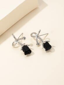 Cubic Zirconia Bow Decor Stud Earrings - Black - View 1
