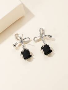 Cubic Zirconia Bow Decor Stud Earrings - Black - View 2