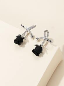 Cubic Zirconia Bow Decor Stud Earrings - Black - View 3
