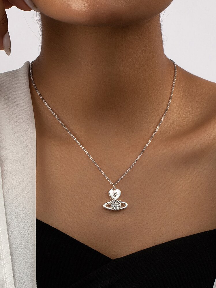 Rhinestone Decor Heart & Planet Charm Necklace - Silver - View 1