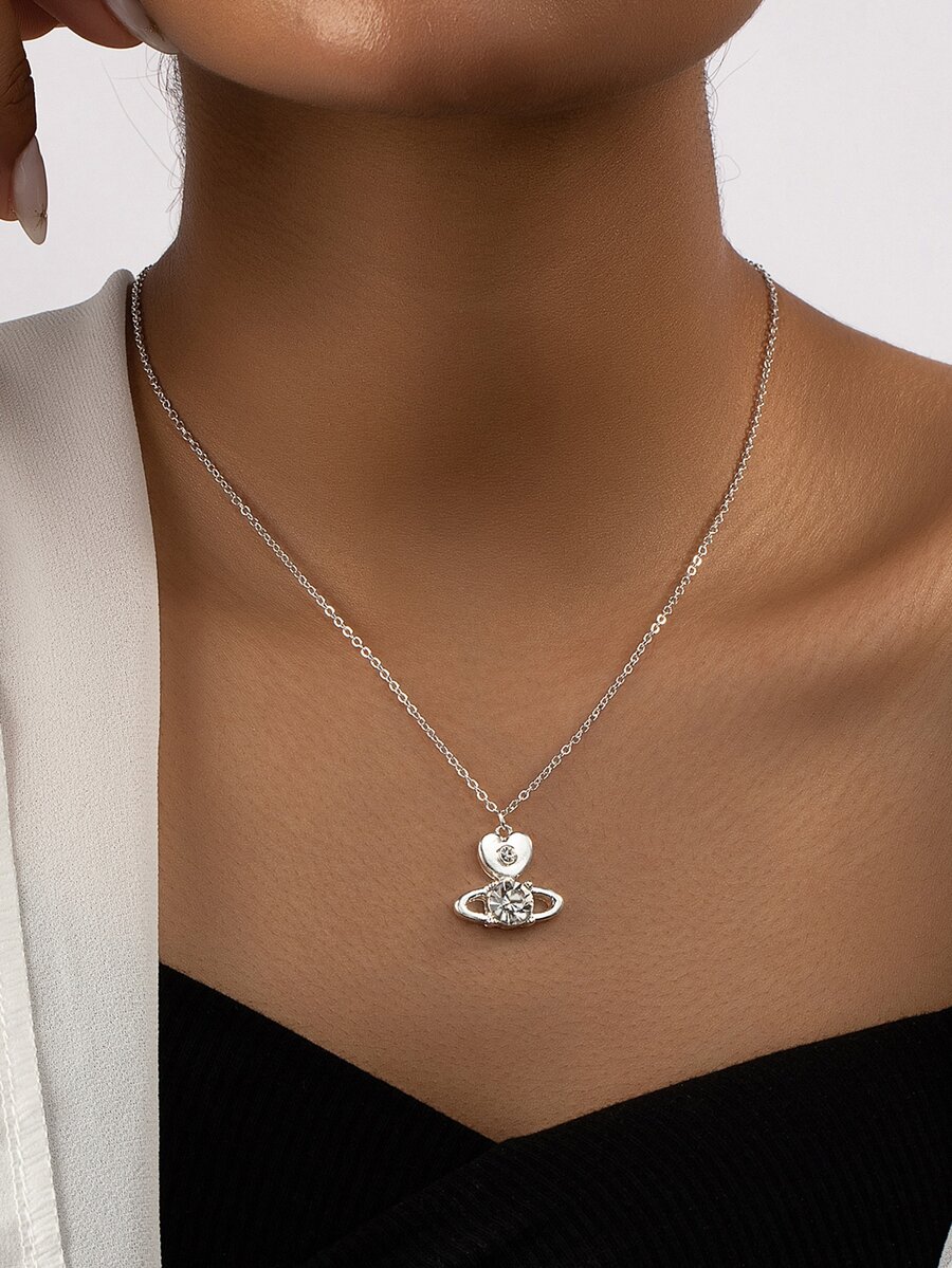 Rhinestone Decor Heart & Planet Charm Necklace - Silver - View 1