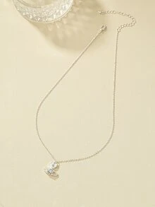 Rhinestone Decor Heart & Planet Charm Necklace - Silver - View 2