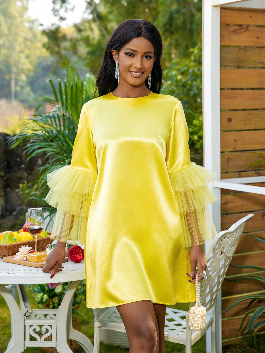 網紗拼接荷葉袖緞面連衣裙 - 黃色 - 查看 1