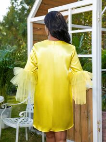 網紗拼接荷葉袖緞面連衣裙 - 黃色 - 查看 2