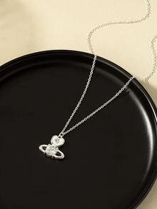Rhinestone Decor Heart & Planet Charm Necklace - Silver - View 3