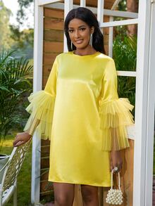 網紗拼接荷葉袖緞面連衣裙 - 黃色 - 查看 6