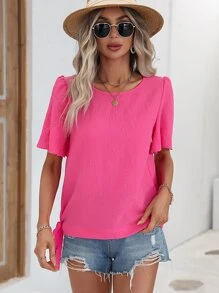 SHEIN VCAY Solid Knot Side Butterfly Sleeve Blouse - Hot Pink - View 5