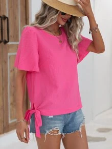 SHEIN VCAY Solid Knot Side Butterfly Sleeve Blouse - Hot Pink - View 6
