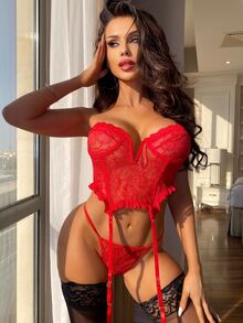 花卉蕾絲鋼圈吊帶襪內衣套裝 - 紅色 - 查看 4