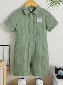SHEIN Jumpsuit bé trai Đắp vá Nút phía trước Lá thư Giải trí - Màu xanh Bạc hà - Xem 1