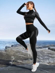 Easithlete Seamless Striped Thumb Holes Sports Jacket & Leggings - Black - View 1