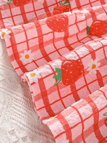 SHEIN 小女童格紋和草莓圖案泡泡袖荷葉邊連衣裙帶配件帽 - 彩色 - 查看 4