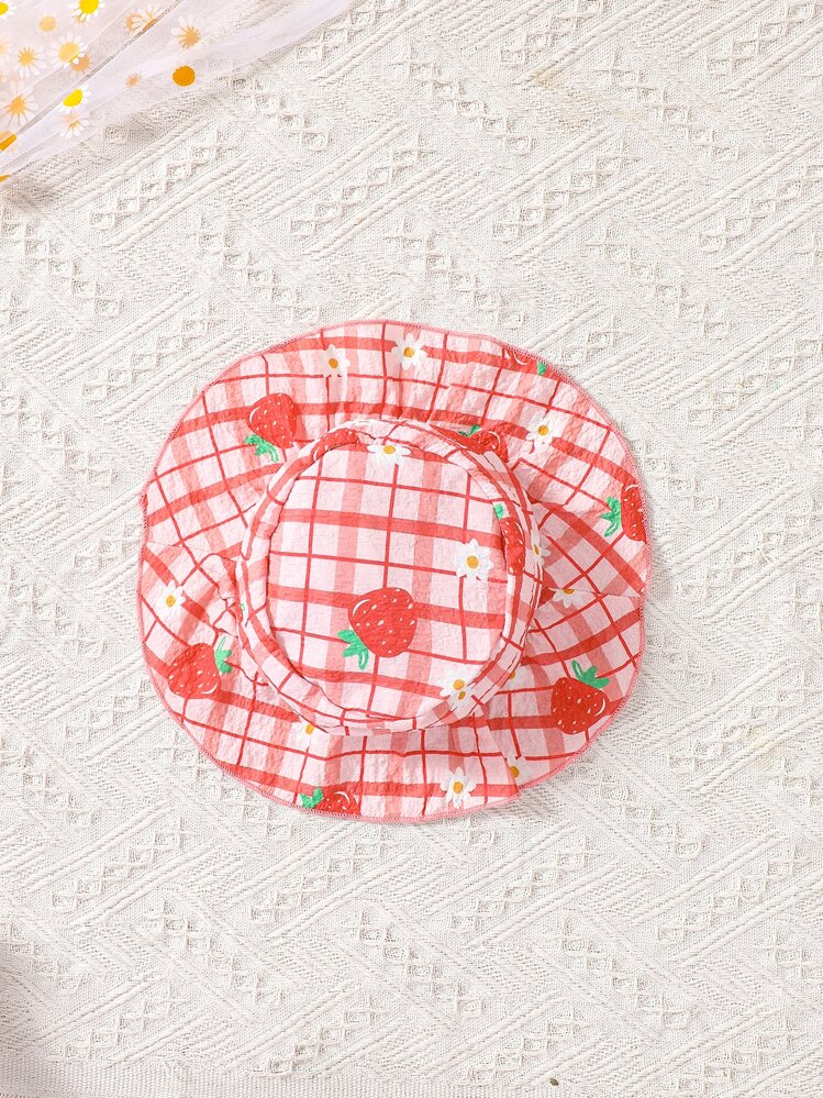 ילדה צעירה בדוגמת פירות וירקות שמלה מתוקה לחופשה משובצת עם צווארון מרובע, שרוולי נסיכה וכובע שמש לקיץ - ריבוי צבעים - ראה 7