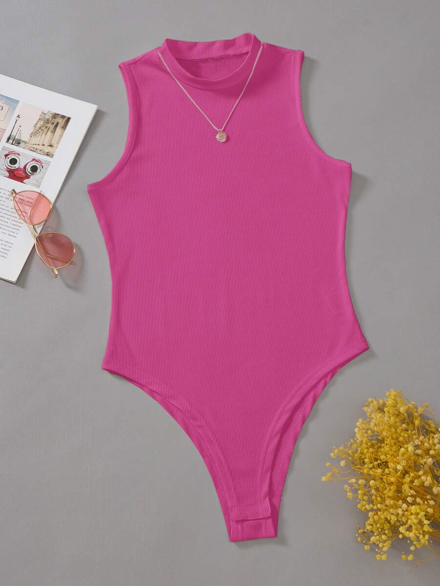 EMERY ROSE Summer Solid Ribbed Sleeveless Bodysuit - Hot Pink - View 1