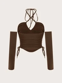 SHEIN ICON 大碼十字交叉後背繫帶側抽繩手帕下擺掛脖上衣和袖套 - 咖啡棕 - 查看 2