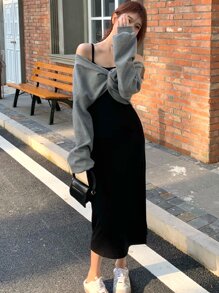 Vestido de tirantes unicolor sin pullover - Negro - Ver 1