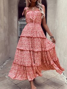 SHEIN VCAY Vestido de tirantes floral de hombros con cordón bajo con fruncido - Rojo y blanco - Ver 3