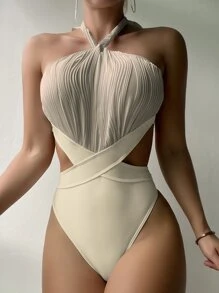 SHEIN Swim 夏季镂空褶皱胸围挂脖式露背连体泳衣 - 杏色 - 查看 1