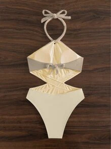 SHEIN Swim 夏季镂空褶皱胸围挂脖式露背连体泳衣 - 杏色 - 查看 3