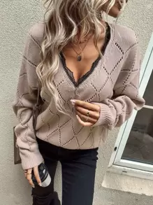 EMERY ROSE Contrast Lace Drop Shoulder Jumper - Dusty Pink - View 3