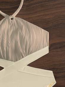 SHEIN Swim 夏季镂空褶皱胸围挂脖式露背连体泳衣 - 杏色 - 查看 4