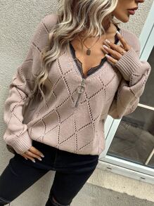 EMERY ROSE Contrast Lace Drop Shoulder Jumper - Dusty Pink - View 6