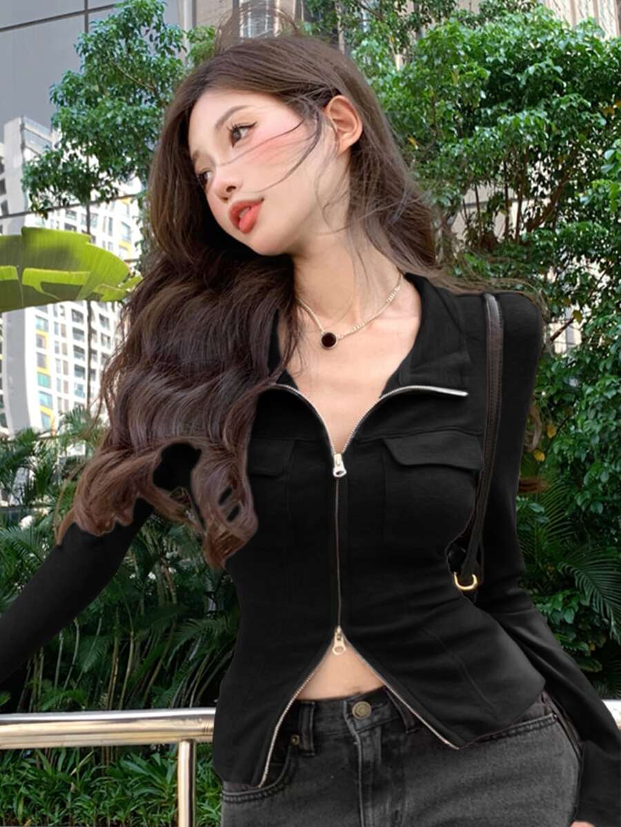 休闲纯色拉链长袖修身T恤 黑色 春季 - 黑色 - 查看 1