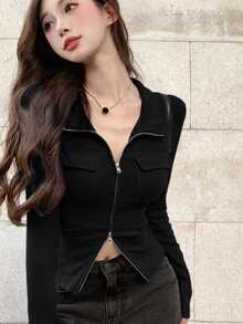 休闲纯色拉链长袖修身T恤 黑色 春季 - 黑色 - 查看 3