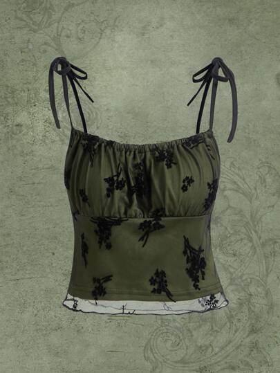 Fairycore Camis Nudo Pecho fruncido Floral Casual