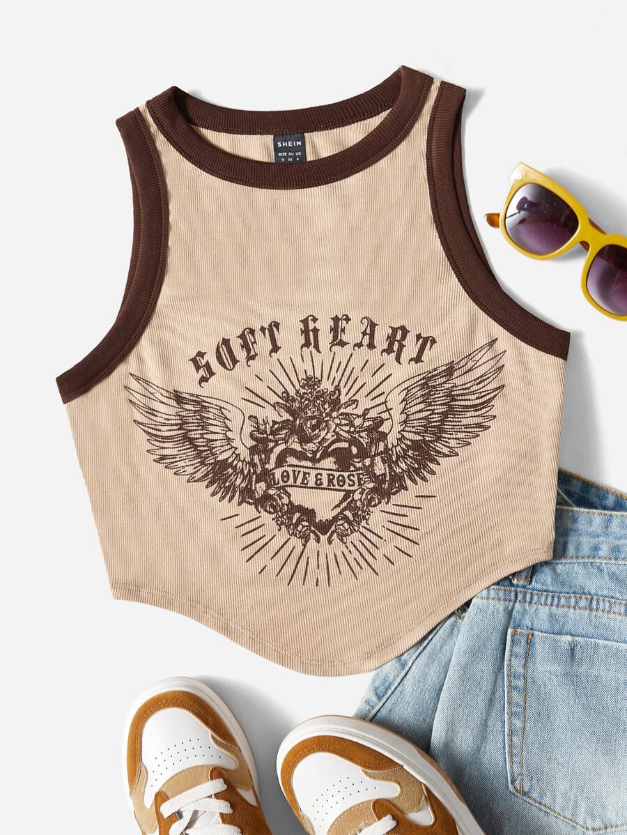 SHEIN EZwear Letter and Graphic Print Contrast Binding Crop Tank Top - Apricot - View 1