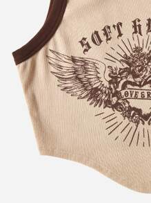 SHEIN EZwear Letter and Graphic Print Contrast Binding Crop Tank Top - Apricot - View 3