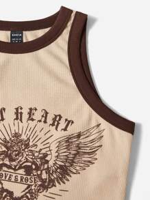 SHEIN EZwear Letter and Graphic Print Contrast Binding Crop Tank Top - Apricot - View 5